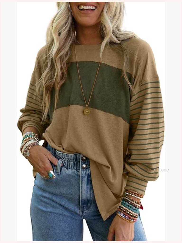 Long Sleeve Color Block Tunic Crew Neck Blouse Oversized Casual Shirt Top